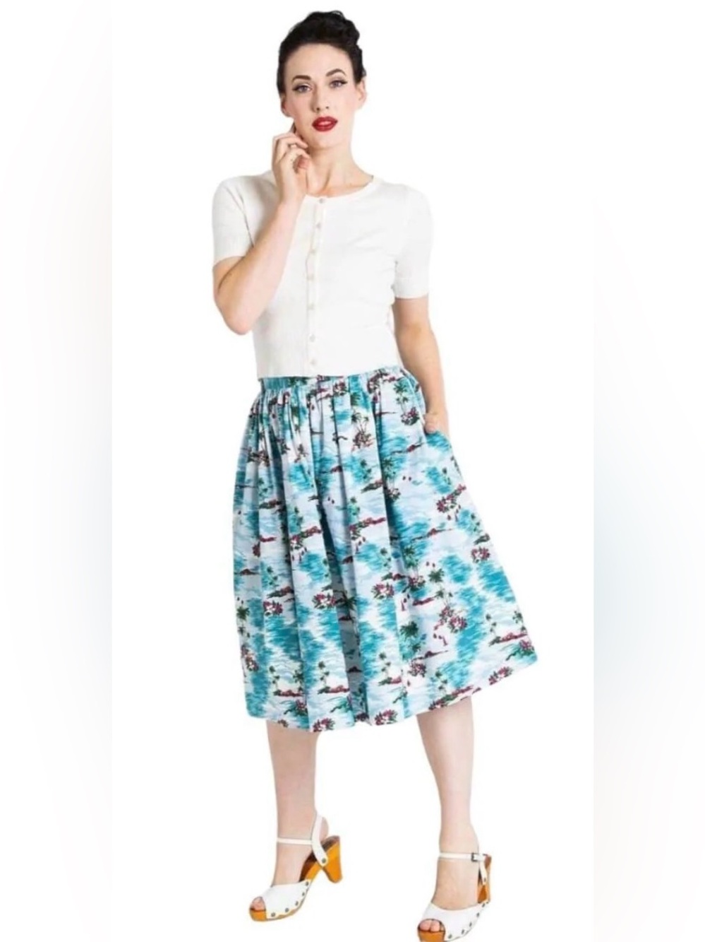 Hell Bunny Nissi 50”s retro aqua tropical cotton print skirt/pockets. Sz Small - Picture 2 of 12